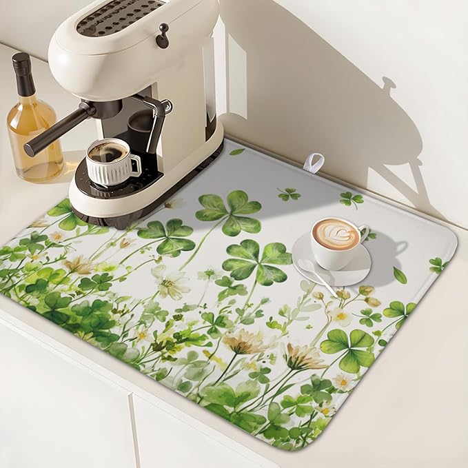 ABSOP St Patrick's Day Dish Drying Mat 16 x 18 Inch Green Clover Dish Drainer Rack Mat Absorbent Microfiber Mats for Shamrock Dish Pad Spring Lucky Dish Pad for Kitchen Bar Decor