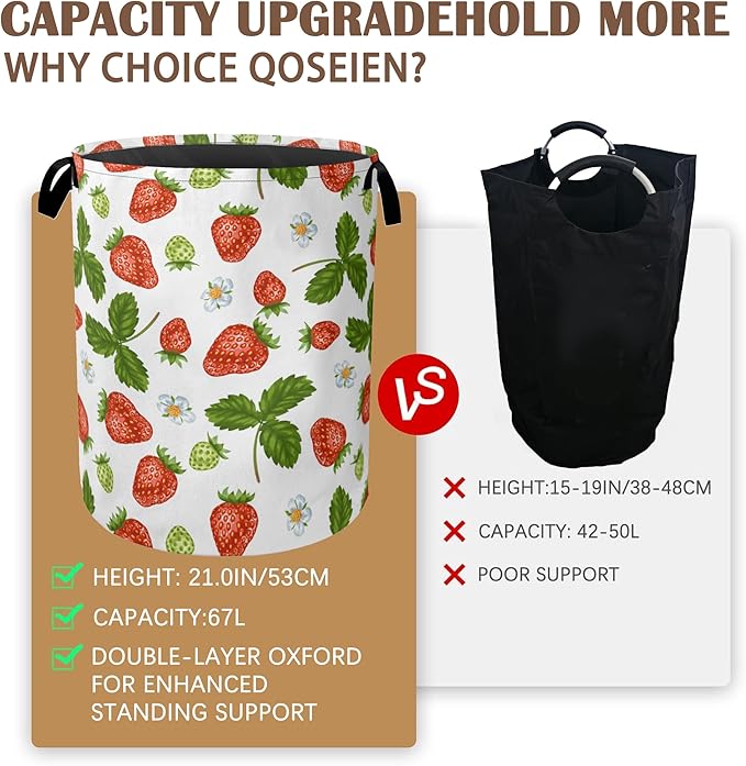 Strawberry Laundry Hamper,Collapsible Laundry Baskets,Flowers Leaf Dirty Clothes Baskets with Handles,Oxford Cloth Hamper for Bedroom,Bathroom,College Dorms, 16"x20"
