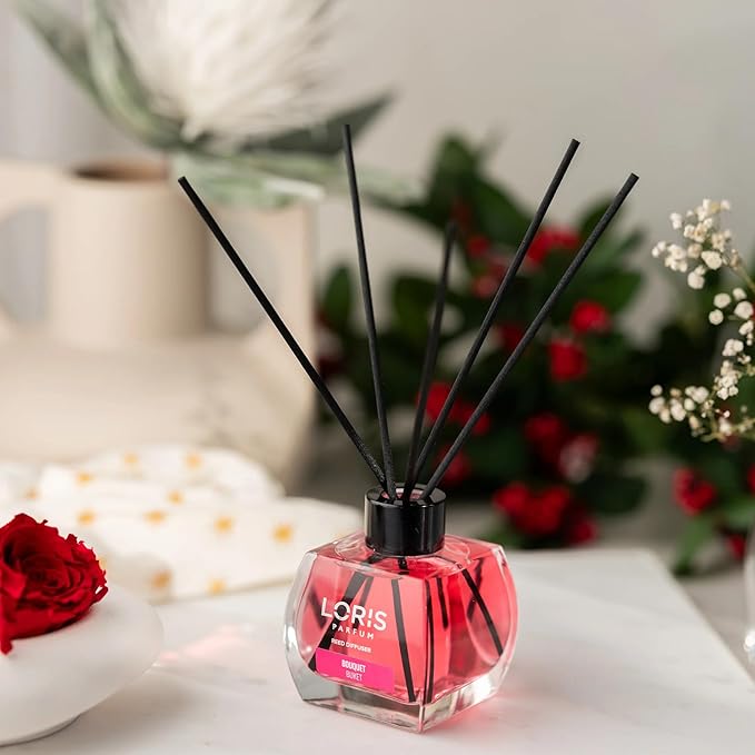Loris Reed Diffuser -Bouquet- Aromatic Home Fragrance with Natural Essential Oils, 4.06 fl oz/120 mL – Long‑Lasting, Non‑Toxic, Gift Ready Scented Diffuser with Sticks for Room & Bathroom