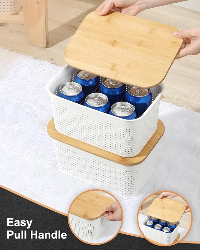 AREYZIN Plastic Storage Bins with Bamboo lids and Stackable Storage Baskets for Shelves - Organize Your Home or Office with These Space-Saving Storage Solution,6 Pack,White