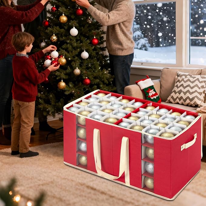 Christmas Visible Ornament Storage Box with Adjustable Dividers/Side Pockets,Ornaments Organizer with Zipper, Storage Container Bin for Christmas Decorations(128 Ball, Red, without Tray)