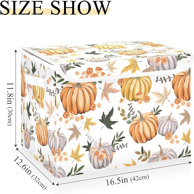 Thanksgiving Storage Baskets Collapsible Storage Bins with Lids, Pumpkins Flowers Leaves Thanksgiving Storage Boxes Clothes Baskets for Organizing