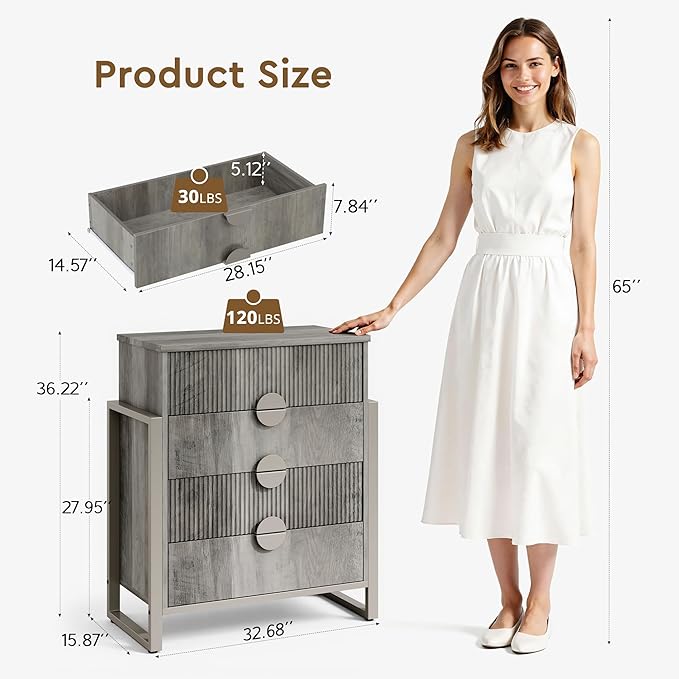 Fluted Dresser for Bedroom with 4 Drawers, 36.2" Tall Chest of Drawers with Raised H Legs and Curved Profile Design, Wood Closet Clothes Storage Organizer for Bedroom, Hallway, Grey