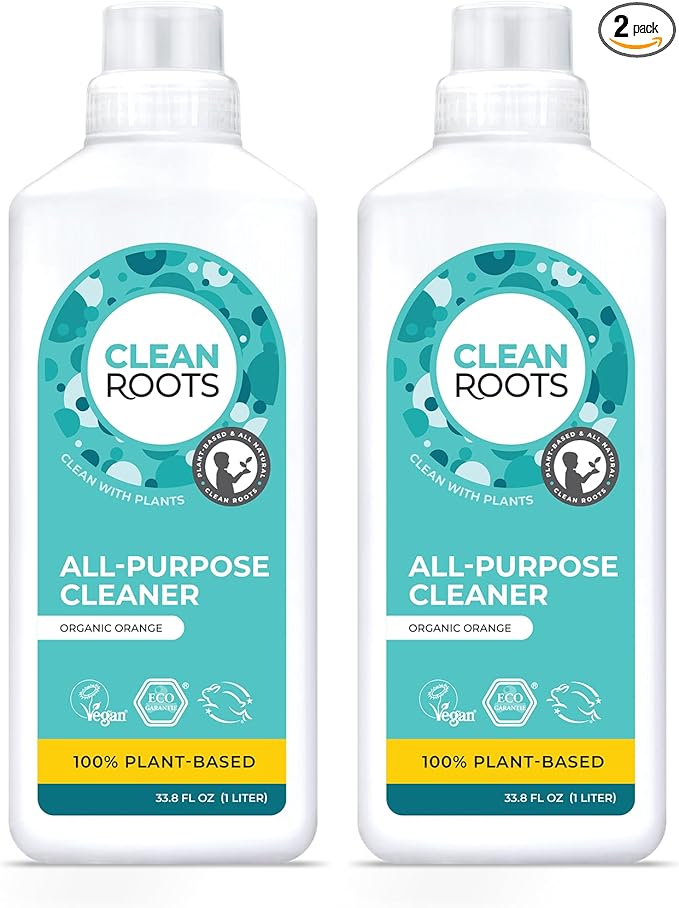 CLEAN ROOTS All-Purpose Cleaner – EcoGarantie Certified, 100% Plant-Based Formula, Made with Organic Ingredients, Scented with Organic Orange Essential Oil – 33.8 fl oz (1 L), Pack of 2