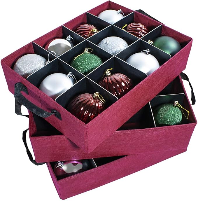 612 Vermont Christmas Ornament Storage Box with Adjustable Acid-Free Dividers, 3 Removable Trays with Handles, 17 Inch x 13 Inch x 13 Inch, Holds 36-4 Inch Ornaments