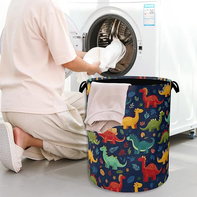 Cute Dinosaur Laundry Hamper,Fern Plants Dirty Clothes Laundry Basket with Handles Waterproof Oxford Cloth Storage Basket for College Dorms Bathroom Bedroom 16" x 20.8"