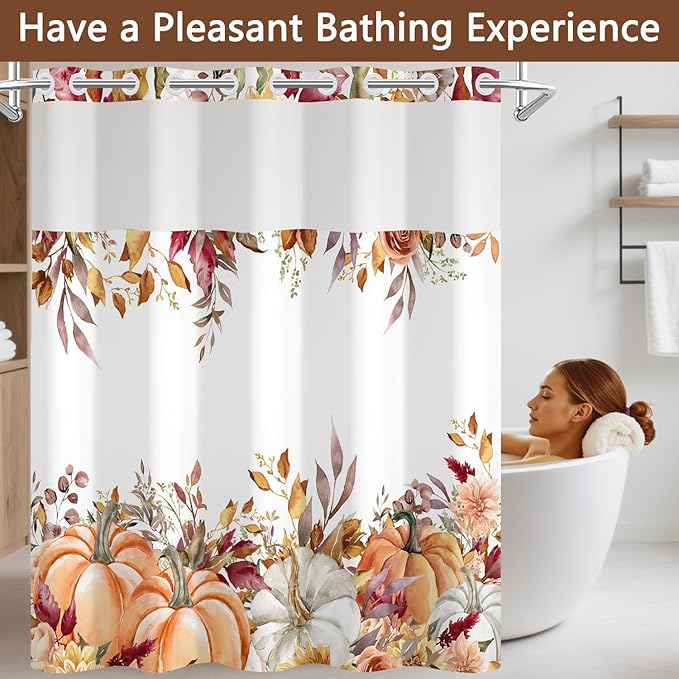 Fall Pumpkin No Hook Shower Curtain and Liner Set, Watercolor Orange Double Layers Waterproof Fabric Shower Curtain, Autumn Pumpkins with Eucalyptus Leaves Farmhouse Bathroom Curtains, 71x74 Inch