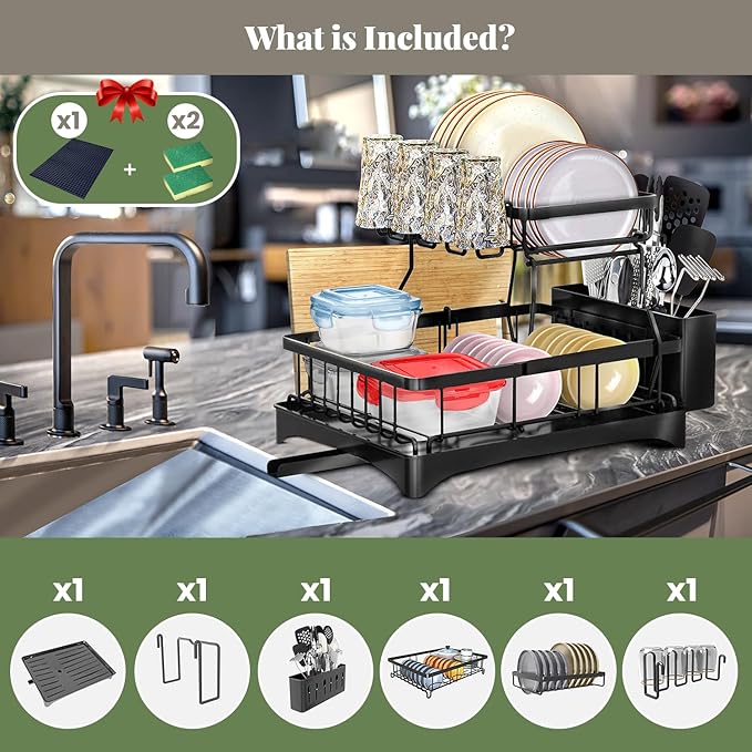 DINEST 2 Tier Dish Drying Rack with Drainboard – Rust Resistant Iron Kitchen Dish Rack with 270° Rotating Spout, Utensil & Plate Holders – Compact Drying Rack for Kitchen Counter - Black