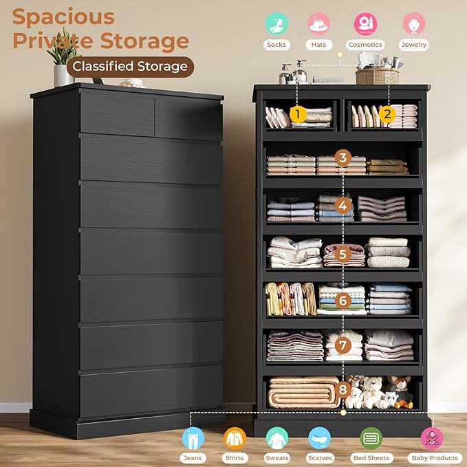 DICTAC Black Tall Dresser for Bedroom with 8 Drawers, 59.6" Tall Dressers & Chests of Drawers, Modern Wood Closet Organizer and Storage Cabinet, Large Vertical Dresser for Bedroom, Closet, Hallway