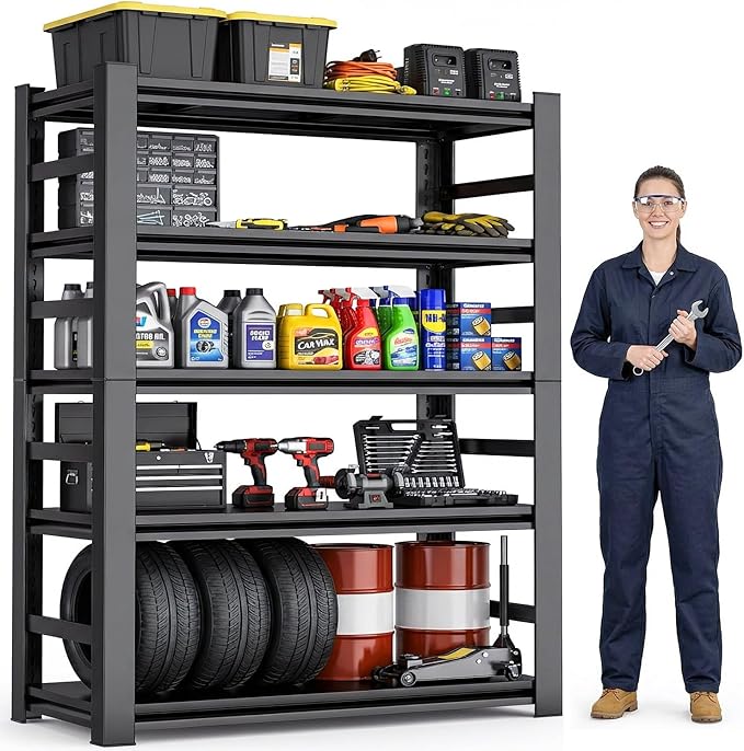 Notmise Garage Shelving, Heavy Duty Metal Shelves Unit, 5-Tier Adjustable Storage Shelf, Industrial Shelving Unit, 3000Lbs, for Garage, Warehouse, and Basement with Fence (72" H x 15.7" D x 35.4" W)