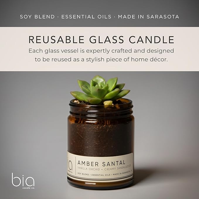 Bia Candle Co Soy Blend Candle, Vanilla & Sandalwood with Sweet Orange – Long-Lasting Clean Burn, Lead-Free Wick, Brown Glass Jar with Gold Lid – Amber Santal, 7 oz