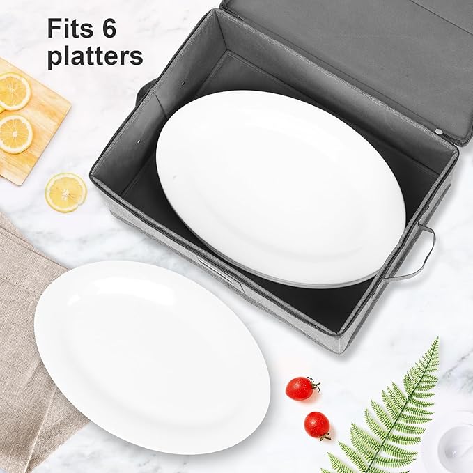 China Storage Containers Hard Shell 2 Pack, Platter Storage Case 17" x 13" x 6", 5 Felt Dividers Included, Structured Top and Stackable (Linen Grey)