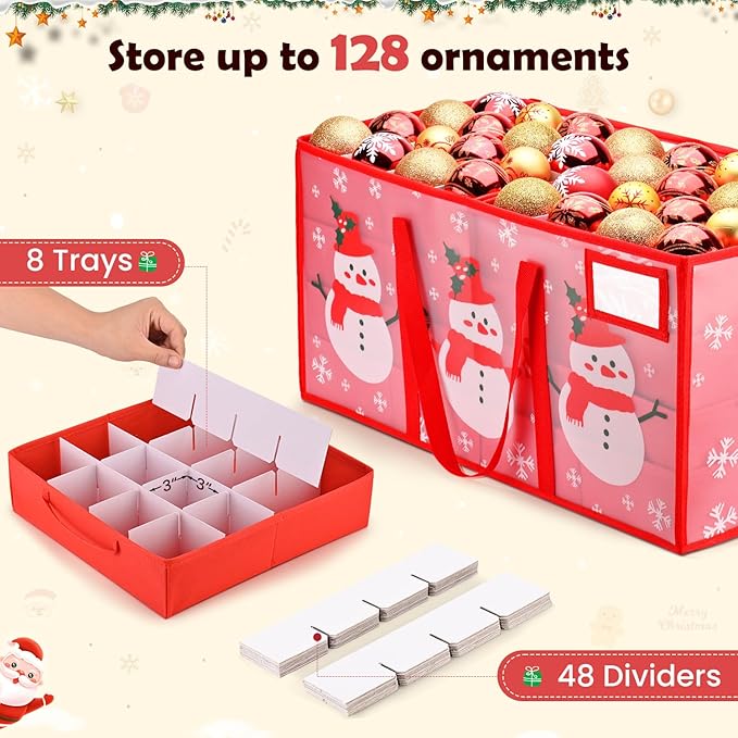 Plastic Christmas Ornament Storage Box with Adjustable Dividers, Waterproof Christmas Storage Containers Keep 128 Capacity, Dual Zippers, Ornament Organizer to Store Holiday Decor-Snowman