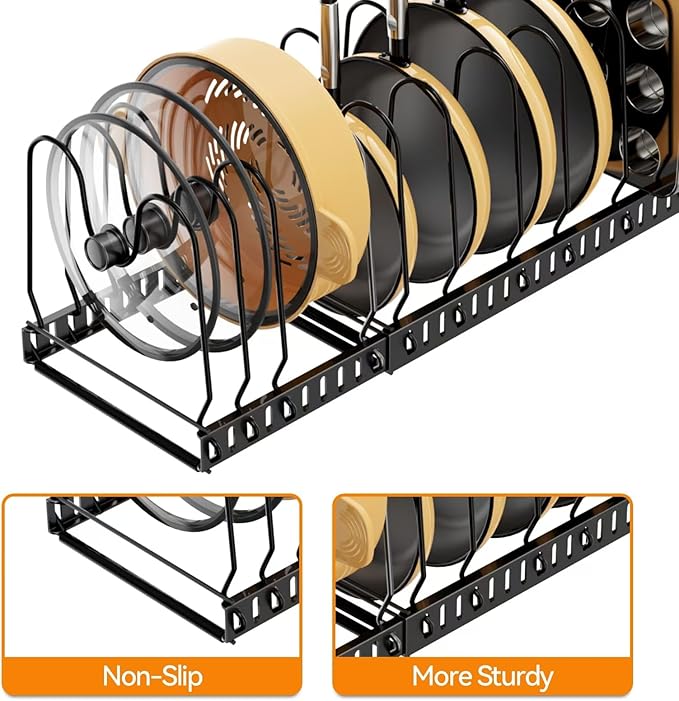 Besda Pot and Pan Organizer Rack for Cabinet, Expandable Pot Lid Organizer Holder with 12 Adjustable Compartment for Kitchen Cutting Board, Pan Lid, Cabinet Cookware Baking