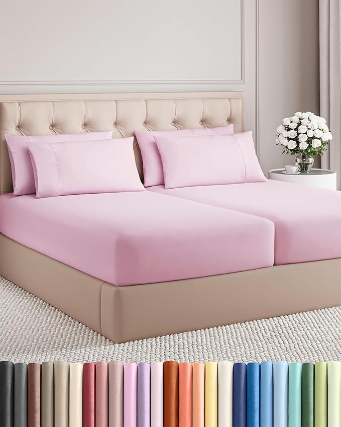 Split King 7 Piece Sheet Set - Comfy Breathable & Cooling - Soft Hotel Luxury Bedding Set with 8-16 Inch Deep Pockets - 1 Flat & 2 Fitted Sheet & 4 Pillowcases - Wrinkle Free & Easy Care - Light Pink