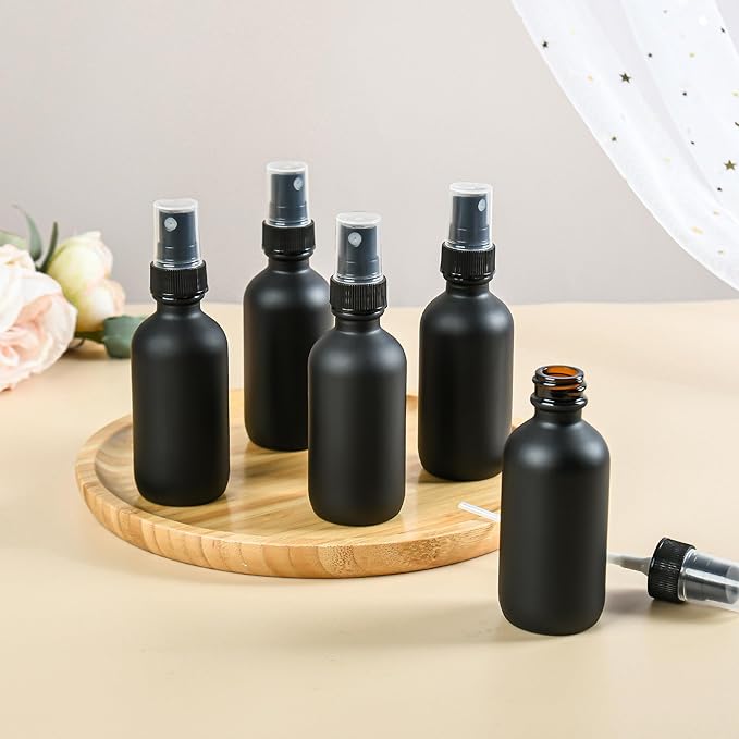 BILLIONSTARS 48 Pack 2oz Glass Boston Round Bottle with Fine Mist Sprayer - Black Frosted - Essential Oils, Bath, Beauty, Hair & Cleaning - Leakproof Travel Bottles