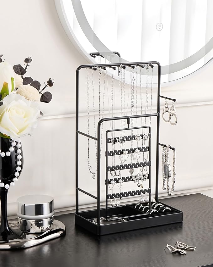 ProCase Jewelry Stand Holder Organizer, Jewelry Display Storage with Ring Tray, No-Assembly Needed, Rotating Earring Bracelet Necklace Holder, Christmas Gifts Room Dorm Decor for Teen Girls -Black