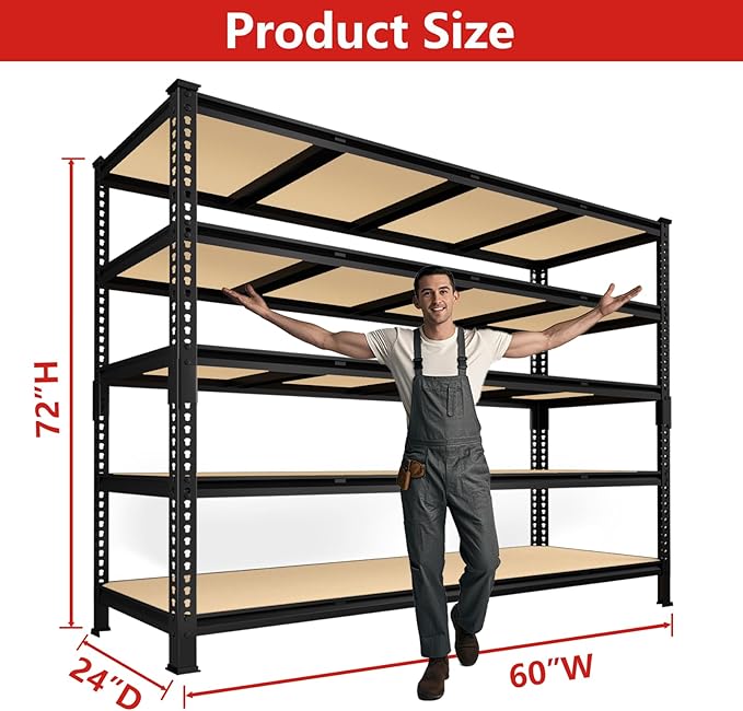 PrimeZone 60" W X 24" D X 72" H Heavy Duty Garage Storage Shelves - Adjustable Metal Shelving Unit, 5 Tier Industrial Shelves for Storage Standing Utility Rack for Warehouse, Basement, Black, 2 Pack