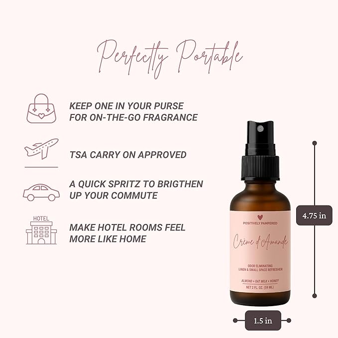 Crème d’Amande Luxury Small Space Air & Linen Freshener Spray - Almond + Oat Milk + Honey - Artisan Blended Home Fragrance - Non Toxic Odor Eliminator - 2 oz Travel Size Room Spray