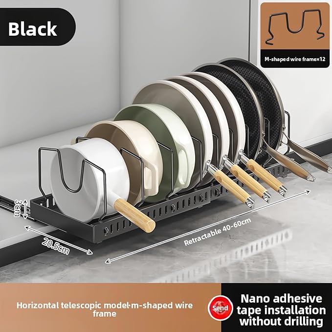 Mnftive pots and pans organizer under cabinet,pot lid organizers inside cabinet holders for kitchen,Horizontal and vertical pulling modes,Can be extended and adjusted (Black horizontal pull-out)