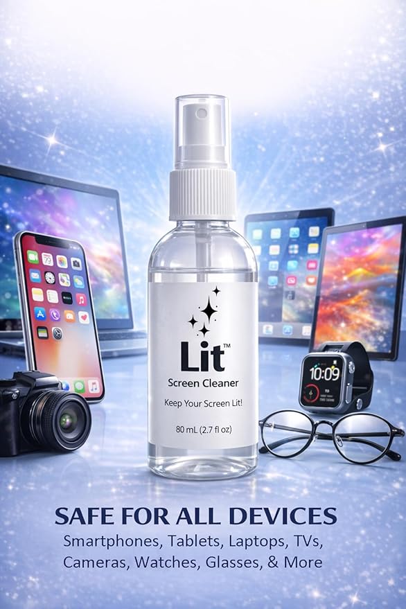 Lit Screen Cleaner Spray Kit (80 mL) + Microfiber Cloth — for Phone, iPad, Tablet, Laptop, Monitor, TV, Camera Lenses & Eyeglasses — Streak-Free, Alcohol-Free & Ammonia-Free, Travel Size