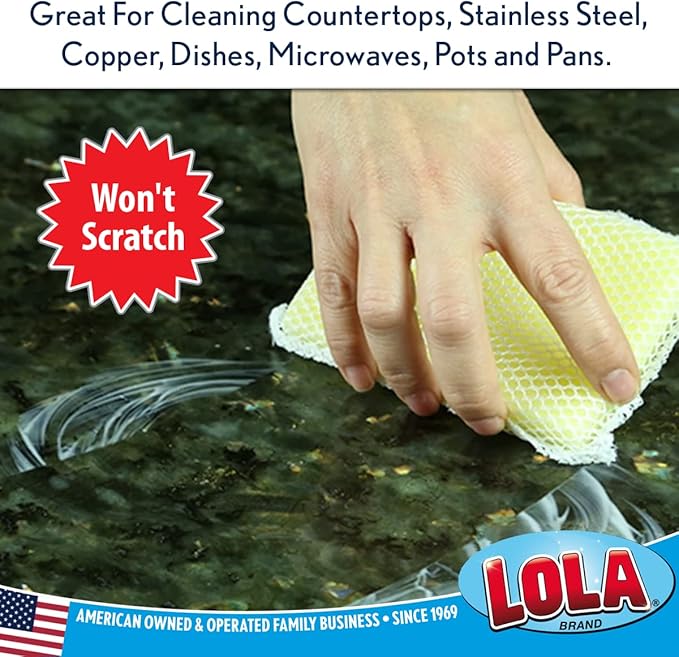 LOLA Nylon Netting Sponge Cleaning Scrubber Pad, 12 Pack, Non Scratch, Safe on Non-Stick Surfaces Coated Cookware & Dishes - Gentle Effective Cleaning