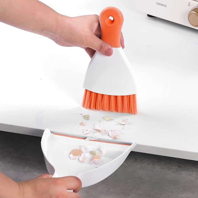 NACENA Mini Dustpan and Brush Set, Small Broom and Dustpan Set Dust Pan and Mini Hand Broom Dustpan and Broom Combo Compact for Home Table Keyboards Sofa Kitchen, Orange