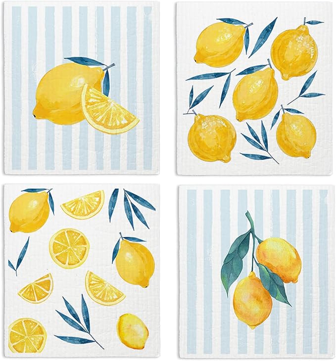 LARTSFRO Lemon Swedish Dishcloths for Kitchen, Swedish Dish Cleaning Cloths for Friut, Papaya Reusable Paper Towels, 4 Pack Dish Towels for Kitchen, Reusable Sponge Cloths Washable