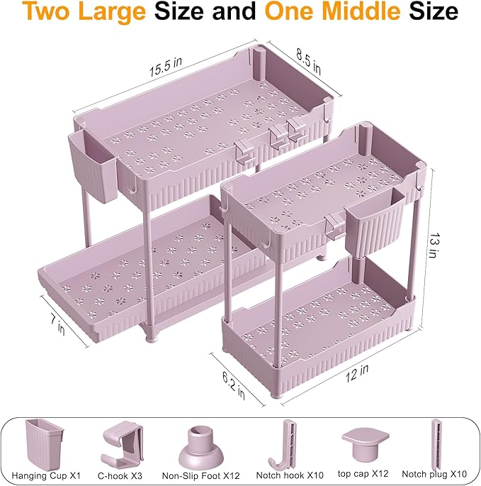 Sevenblue 3 Pack Under Sink Organizers, 2-Tier Multi-Use Kitchen and Bathroom Organizers and Storage with Sliding Drawers，Bathroom Cabinet Organizer (Pink, 14.8 Inch)