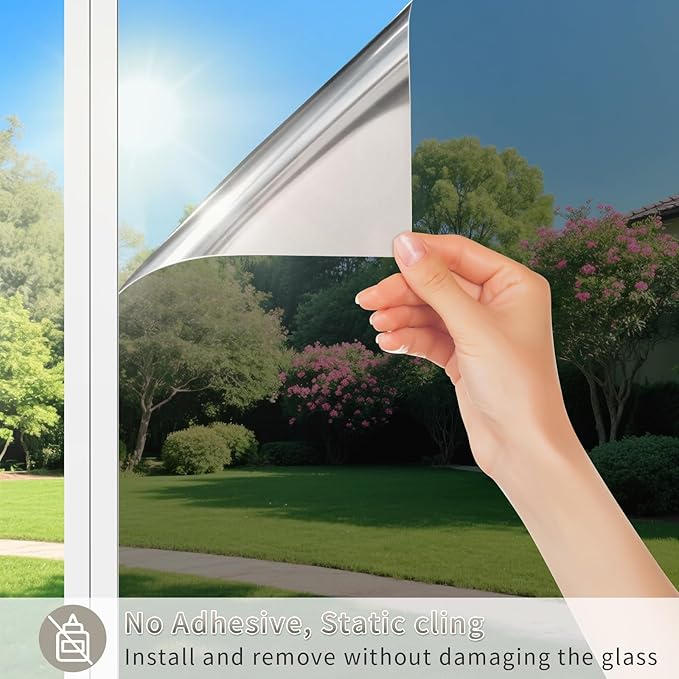 Filmgoo Window Privacy Film One Way Daytime Mirror Tint Treatments UV Heat Control Vinyl Stickers Sun Block Glass Paper Door Covering Reflective (Silver, 41.3 Inch x 6.5 Feet)