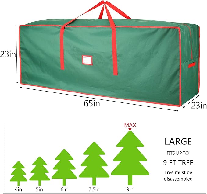 Sattiyrch Christmas Tree Storage Bag,Fits Up to 9 ft Tall Artificial Tree,Heavy Duty 600D Canvas Green Christmas Tree Storage Container with Sleek Dual Zipper and Durable Handles,65" x 23" x 23"