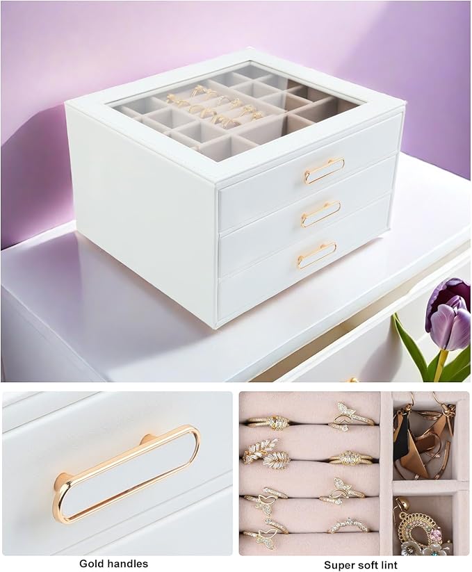 Jewelry Box Organizer with Glass Lids 3 Layer Jewelry Storage Case PU leather Jewelry Boxes for Woomen Suitable for Storing Rings Necklaces Earrings, Bracelets Gift Box for Girls