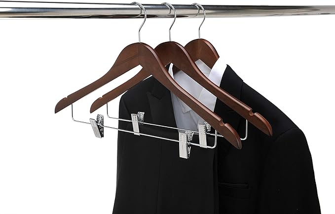 Quality Wooden Skirt Hangers with Clips, 10-Pack Smooth Solid Wood Pants Hangers with Durable Adjustable Metal Clips, Swivel Hook, Coat, Jacket, Blouse Suit Hangers (Walnut - Chrome Hook, 10)