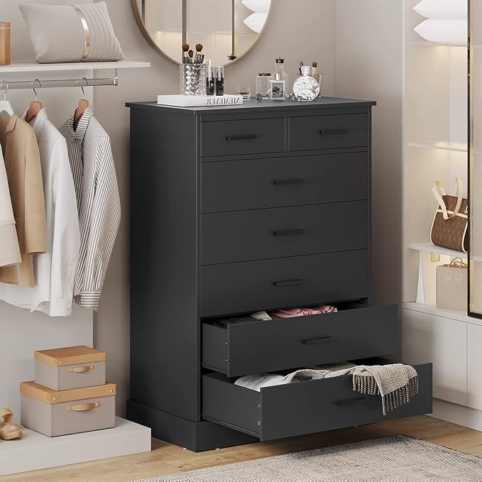 Hasuit Black Dresser for Bedroom, Tall 7 Drawer Dresser with Sturdy Base, Wood Storage Tower Clothes Organizer, Large Storage Cabinet, Chest of 7 Drawers for Closet, Living Room, Hallway
