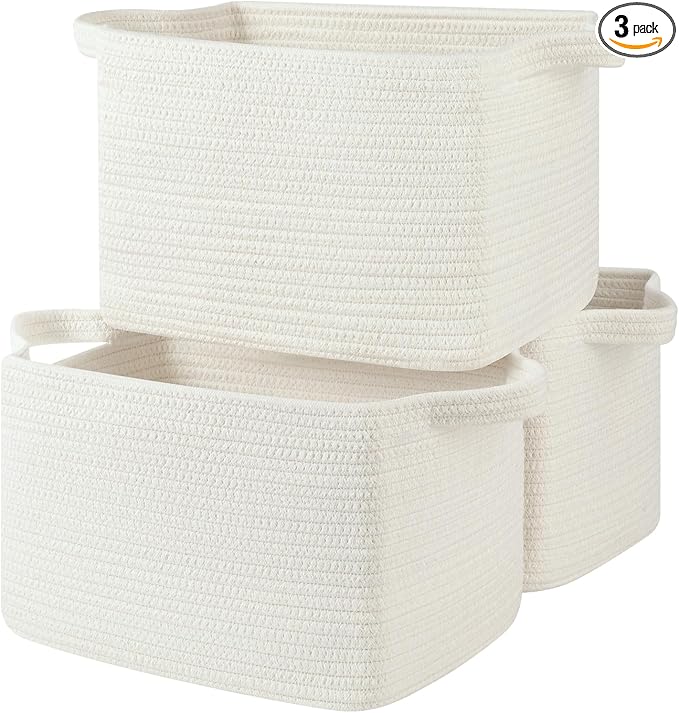 Storage Baskets for Organizing, Woven Baskets for Shelves, Rectangle Decorative Organizer for Storage Clothes, Toy, Books, Towels Nursery Bins 3 Pack (White, 13"x9.85"x8.7")