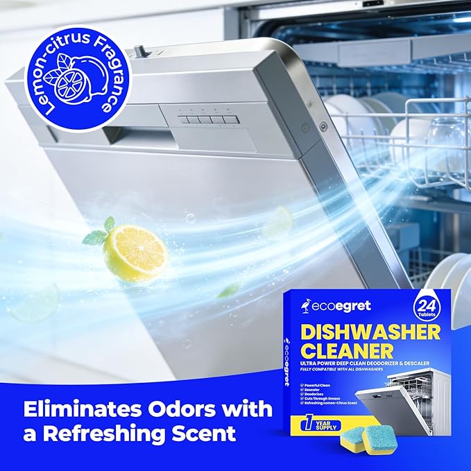 Dishwasher Cleaner Tablets (24 Count) - with Fresh Lemon Scent Dishwasher Cleaner and Deodorizer, Deep Cleans & Descales, Fits All Dishwashers, Septic Safe, 12 Month Supply