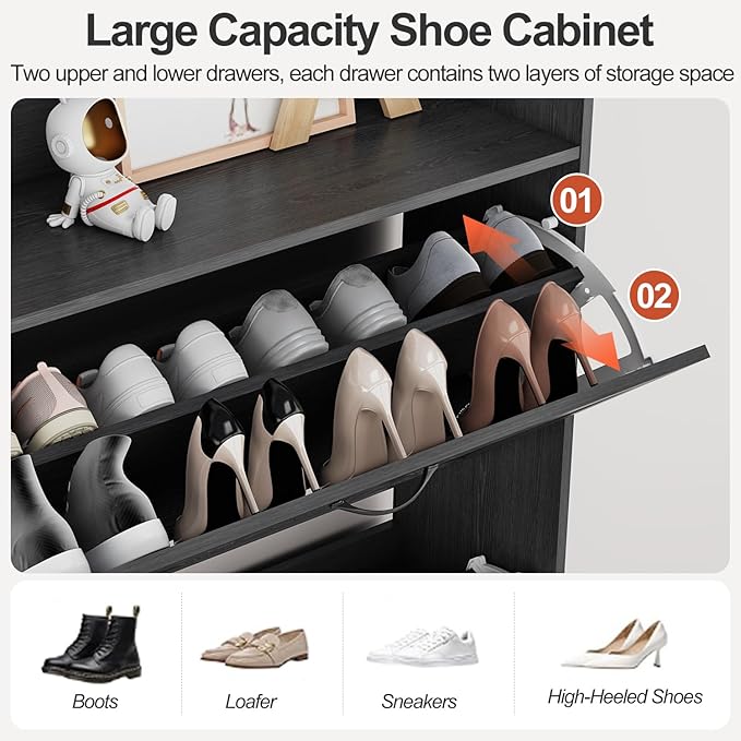 Shoe Cabinet with 2 Flip Drawers & Adjustable Shelf,Wood Shoe Organizer,Freestanding Hidden Shoe Storage Cabinet for Entryway,Hallway (Black)