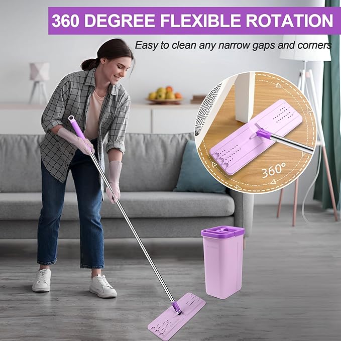 BOSHENG Mop and Bucket with Wringer Set, Hands Free Flat Floor Mop and Bucket, 3 Washable Microfiber Pads Included, Wet and Dry Use, Home Floor Cleaning System for All Floor Types and Windows, Purple