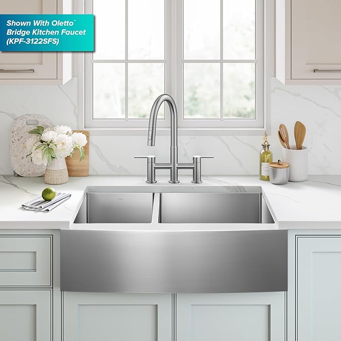 Kraus KHF204-33 Standart PRO Kitchen Stainless Steel Sink, 16 Gauge, 33" Undermount Round Apron 40/60 Double Bowl Kitchen Sink