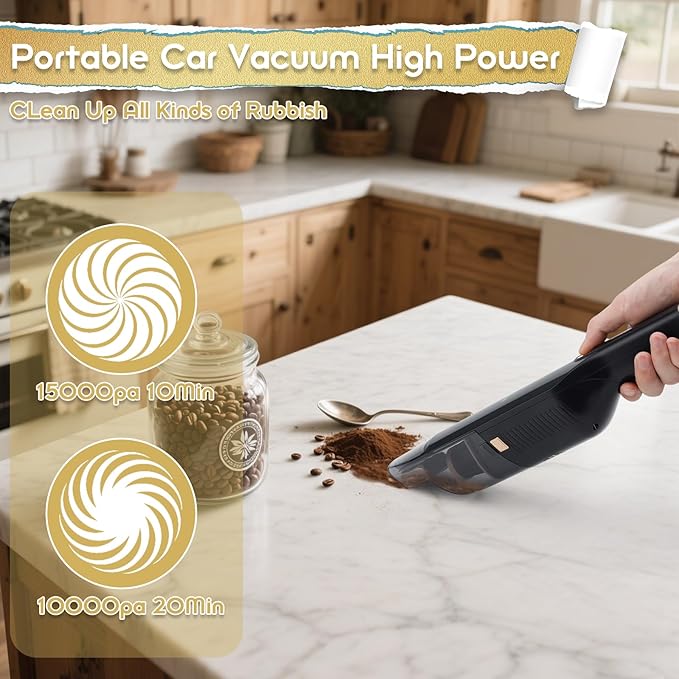 Handheld Vacuum Cordless, 15KPA High Power Suction, USB Quick Charge, Car Vacuum Cleaner with Storage Dock, Lightweight Rechargeable Dust Buster with Crevice Tool & Pet Brush Hand Vac for Home, Black