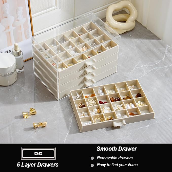 Earring Storage Box Organizer, Acrylic Jewelry Storage Box Holder 5 Drawers Transparent Jewelry Display Stand with 120 Small Compartments Gift Boxes for Women Girls (Beige)