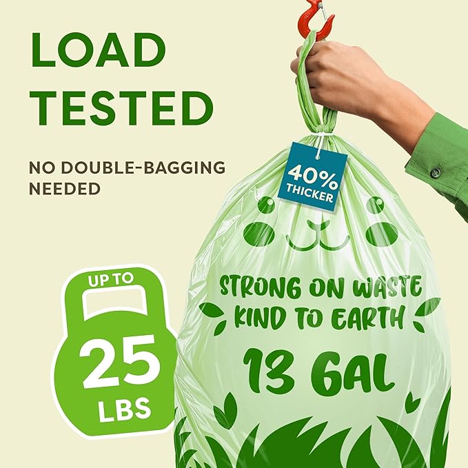 13 Gallon Compostable Trash Bags (40 Count) — Leakproof Plant-based Thick (1.1 Mil) Tall Kitchen Garbage Bags — ASTM D6400 BPI Certified — Heavy-Duty Large Food Scrap Liner Bag with Handle-Tie