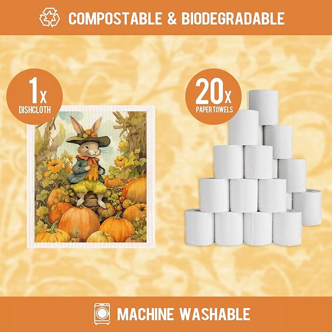 Morigins Fall Pumpkin Swedish Dishcloths for Kitchen 6 Pack Bunny Autumn Cellulose Sponge Cloths Non Scratch Reusable Paper Towels No Odor, Biodegradable and Reusable Kitchen Dish Rags