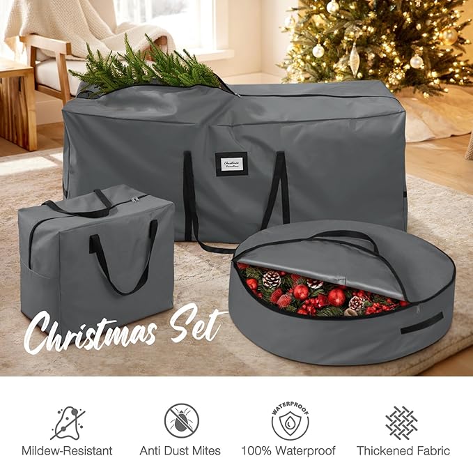 3 Pack Christmas Tree Storage Bag, for 7.5 Ft Artificial Trees up, Durable Waterproof With Reinforced Carrying Handles, Xmas Holiday Garland Bag Storage Case (7.5 Ft, Grey)