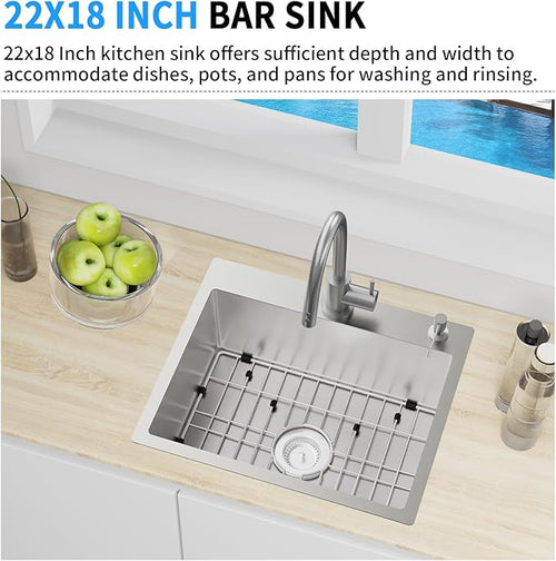 22x18 Inch Kitchen And Bar Sink - Stainless Steel Drop In Small Single Bowl Kitchen Sink With Bottom Grid,Soap Mat And Drain Assembly Set