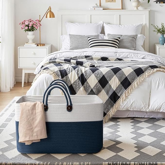 OIAHOMY 75L Large Blanket Basket, 22”x17”x12” Rectangle Woven Baskets For Storage, Nursery Blanket Storage Living Room, Toy Box With Long Handle-Gradient Blue With White