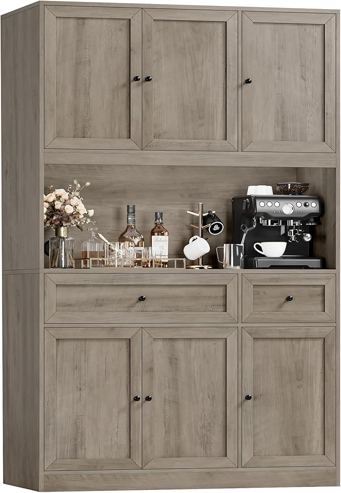 72" Kitchen Pantry Cabinet, Kitchen Hutch with Microwave Stand, Buffet Cabinet with Hutch for Dining Room, Ash Gray