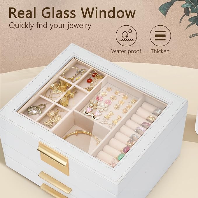 3-Layer Jewelry Box for Women, Jewelry Organizer with Glass Lid and Drawers, Jewelry Organizers and Storage for Necklaces, Rings, Earrings, Bracelets - White/Green/Black.