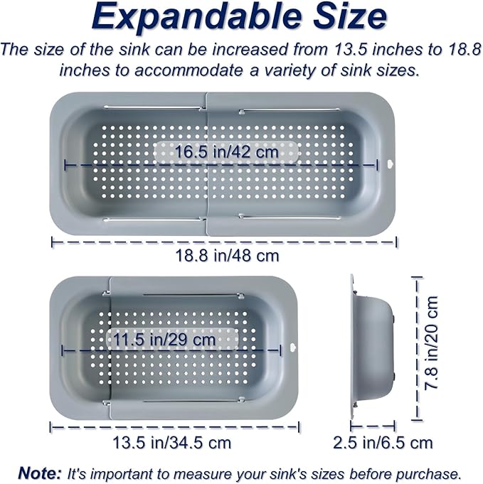 YUNKWONG Extendable Sink Colander Strainer Basket - Wash Vegetables and Fruits, Drain Cooked Pasta and Dry Dishes - Adjustable Over the Sink Colander Collapsible Drainer Basket -Gray
