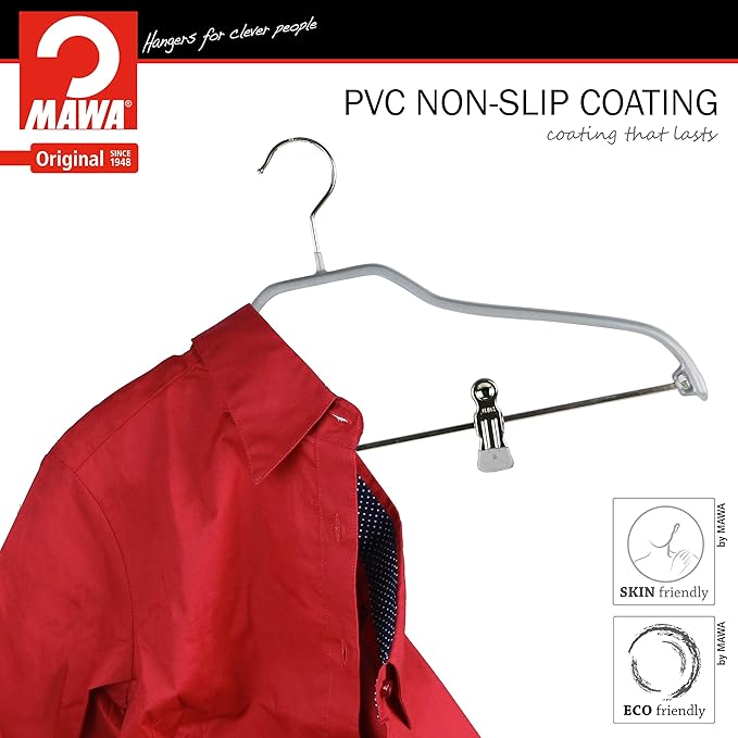Mawa by Reston Lloyd Silhouette Series Non Slip Space Saving Hanger with Pant Clips, Style 40/FK,Set of 5, Silver